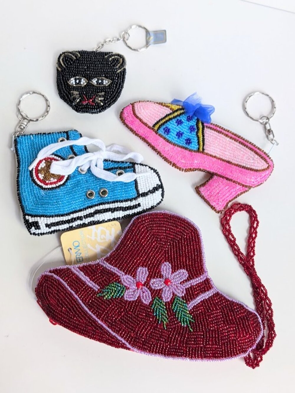 Beaded Pink High Heel Shoe Coin Purse & Black Cat Face Key Chain - Picture 9 of 9
